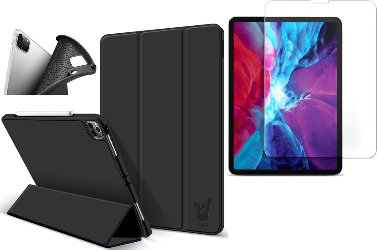 Hoes geschikt voor iPad Pro 2021 12.9 inch - Screenprotector GlassGuard - Trifold Book Case Leer Tablet Hoesje Zwart