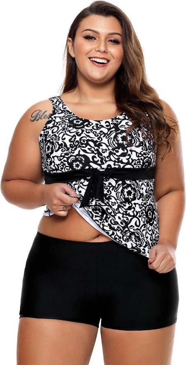 Tankini Dames 2-Delig - Bloemenprint Zwart Wit - Maat XXL/2XL 'Tosia'