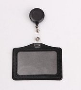Badgehouder met trekkoord 60 cm - clip - afrolmechanisme - PU leder horizontaal zwart