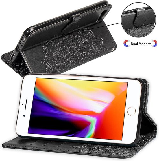 Étui noir ouvert avec téléphone et fermeture magnétique.