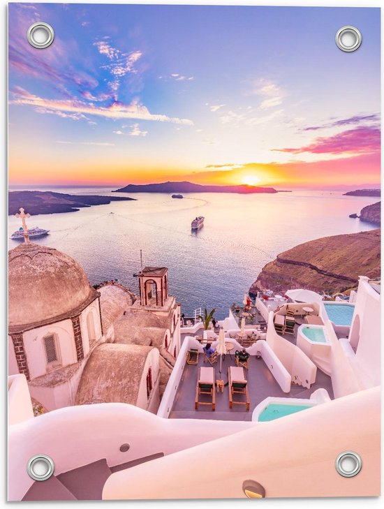 Tuinposter – Uitzicht op Zee in Santorini, Griekenland - 30x40cm Foto op Tuinposter  (wanddecoratie voor buiten en binnen)