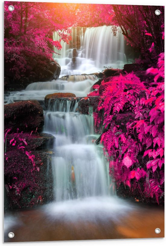 Tuinposter – Waterval tussen Roze Bloemen door - 60x90cm Foto op Tuinposter  (wanddecoratie voor buiten en binnen)