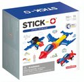 Doos met Stick-O City speelgoed: vliegtuigen, auto en een raket. 16+ maanden, 16 onderdelen.