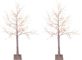 2x stuks verlichte figuren witte lichtboom/metalen boom/berkenboom met 120 led lichtjes 130 cm  - Kerstversiering/kerstdecoratie