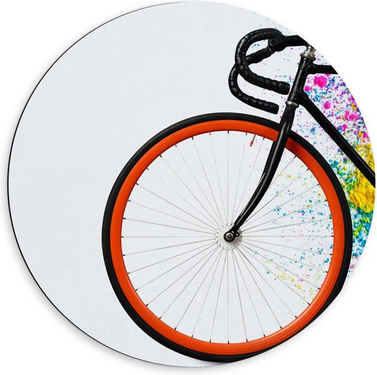 Dibond Wandcirkel - Racefiets op Witte Achtergrond met Gekleurd Poeder - 60x60cm Foto op Aluminium Wandcirkel (met ophangsysteem)