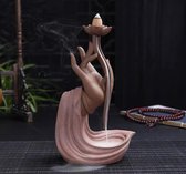Backflow wierook brander / houder 20 cm hand met lotus waterval Bruin & Roze  keramiek / Zen verpakking / Feng Shui