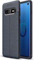 Samsung S10 Plus Hoesje Shock Proof Siliconen Hoes Case | Back Cover TPU met Leren Textuur - Blauw