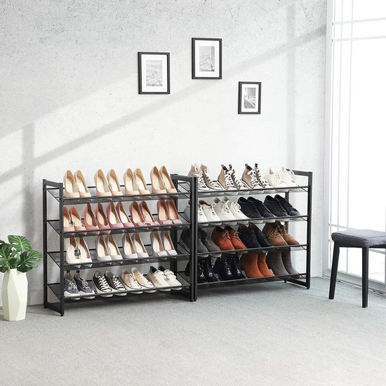 Étagère à chaussures à 8 niveaux, lot de 2 organisateurs de chaussures empilables à 4 niveaux, rangement à chaussures en métal, avec étagères grillagées réglables, montage plat ou en angle, noir-LMR08B