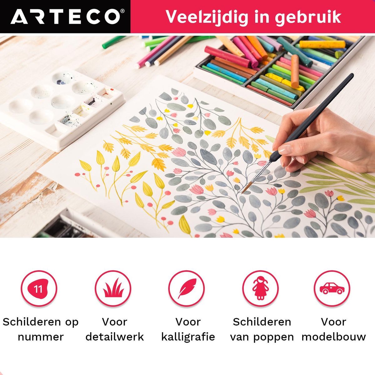 ARTECO® 10 Fijne Penselen Incl. Aquarelpapier - Penselenset - Penselen - Kwasten – Kalligrafie, Schilderen op Nummer, Miniatuur — afbeelding 11