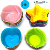 MaxedMore Cupcake vormpjes set – Siliconen bakvormen – Met E-Book - Cupcake decoratie – 4 vormen van 6 stuks – 24 siliconen cupcake taartdecoratie set – 6 verschillende kleuren