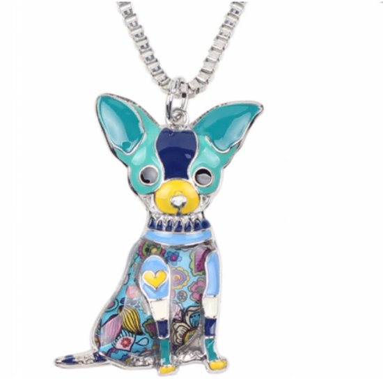 Ketting- Chihuahua- Blauw-Emaille -Metaal-Hond-Charme Bijoux