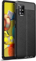 Samsung A71 Hoesje Shock Proof Siliconen Hoes Case | Back Cover TPU met Leren Textuur - Zwart