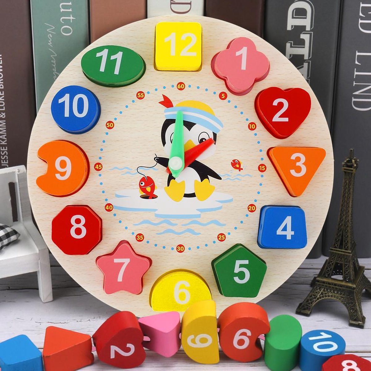 Houten puzzel klok - Leren klok kijken - Leerklok - Pinguïn - Duurzaam - 17 x 17 cm - Educatief speelgoed