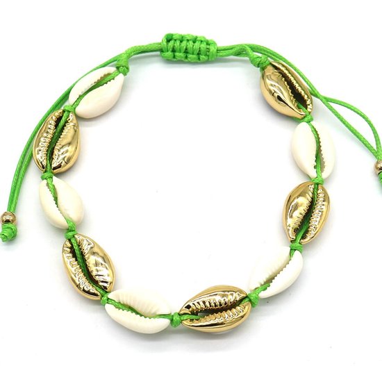 Enkelband groen- Verstelbaar- Verstelbaar- Pull Tie- met schelpen goud en wit