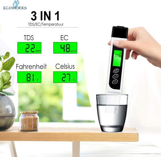 Ecoworks - Digitale TDS / EC Meter - Meet ook Temperatuur - Incl. Batterij - Watertester - Voor Zwembad, Aquarium, Drinkwater etc.