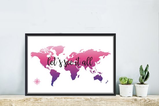 Photo encadrée - Carte du monde rose avec texte et boussole cadre photo noir 60x40 cm - Affiche encadrée (Décoration murale salon / chambre)