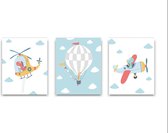 Schilderij  Set 3 Dinosaurus in Luchtballon Vliegtuig Helicopter  - Kinderkamer - Dieren Schilderij - Babykamer / Kinder Schilderij - Babyshower Cadeau - Muurdecoratie - 50x40cm -
