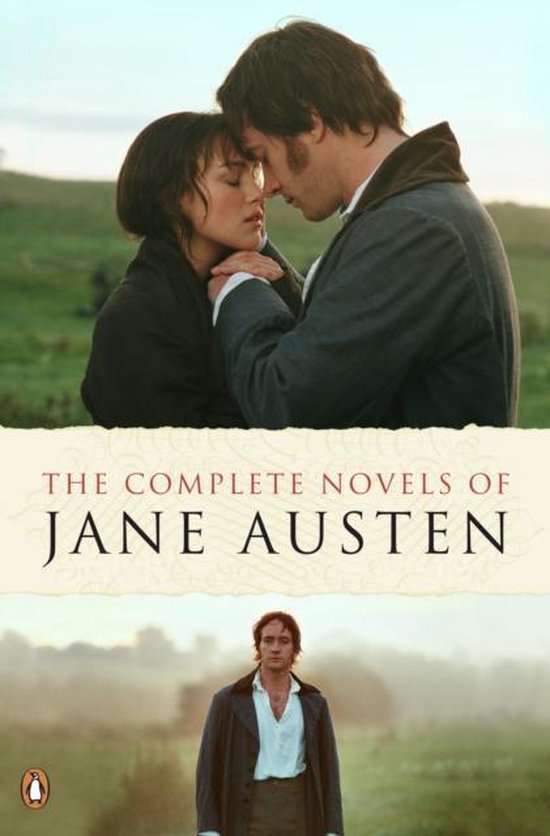 Boek kaft met een stel in omhelzing, tekst 'The Complete Novels of Jane Austen'