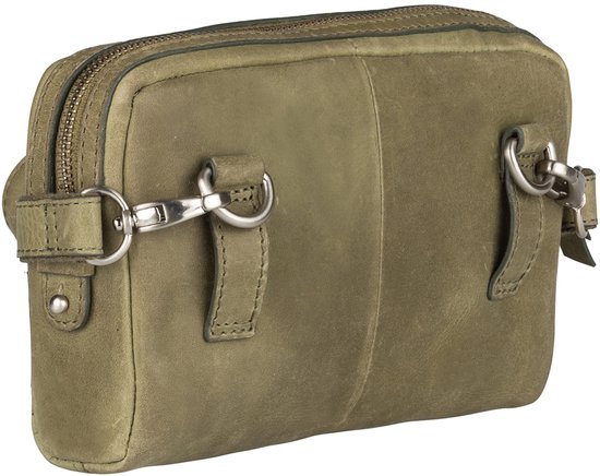 Zijaanzicht van een groene croco print tas met zilverkleurige haken.