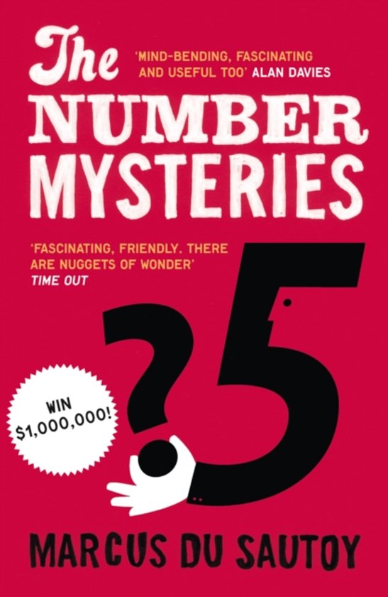 Couverture du livre 'The Number Mysteries' avec de grandes lettres, des citations et un fond rouge.