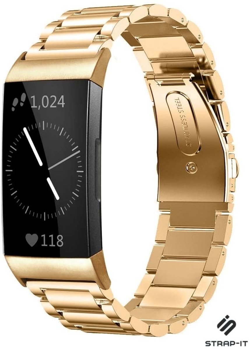 Strap-it Stalen schakel bandje - geschikt voor Fitbit Charge 3 / Charge 4 (goud)
