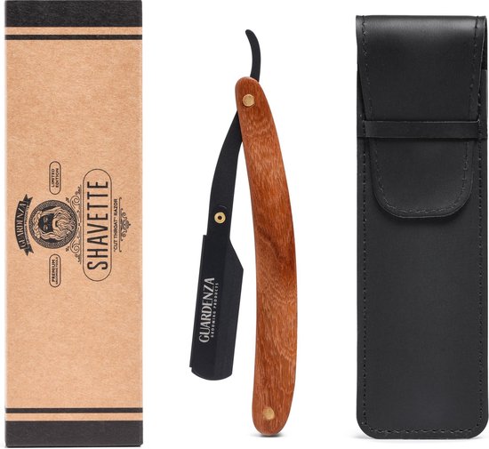 Scheermes met houten handvat, zwart metalen houder en een zwarte etui. "SHAVETTE" "CUT THROAT" RAZOR.