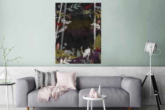 Poster Une illustration d'une forêt dans la nuit 120x160 cm - Tirage photo sur Poster (décoration murale salon / chambre) / Poster Arbres XXL / Groot format!