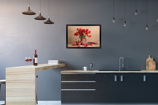 Photo en cadre - Nature morte d'un vase avec des fleurs abstraites rouges Cadre photo noir sans passe-partout 60x40 cm - Affiche sous cadre (Décoration murale salon / chambre)