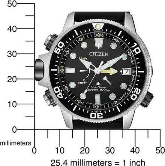 Zwart Citizen Promaster duikhorloge met zilverkleurige kast en zwarte band.