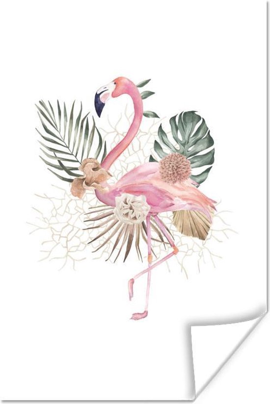 Flamingo en bloemen op een witte achtergrond 40x60 cm - Foto print op Poster (wanddecoratie woonkamer / slaapkamer)