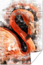 Portrait d'un flamant rose peint sur fond de journaux 80x120 cm