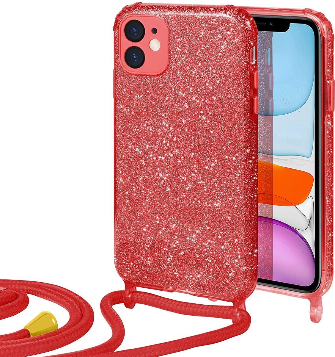 HB Hoesje Geschikt voor Apple iPhone 12 Mini - Rood - Glitter Back Cover met Koord