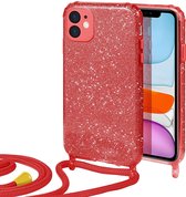 HB Hoesje Geschikt voor Apple iPhone 12 Mini Rood - Glitter Back Cover met Koord