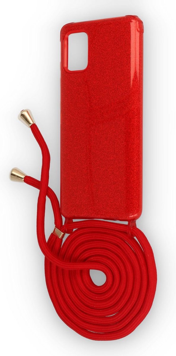 HB Hoesje Geschikt voor Samsung Galaxy A51 - Rood - Glitter Back Cover met Koord
