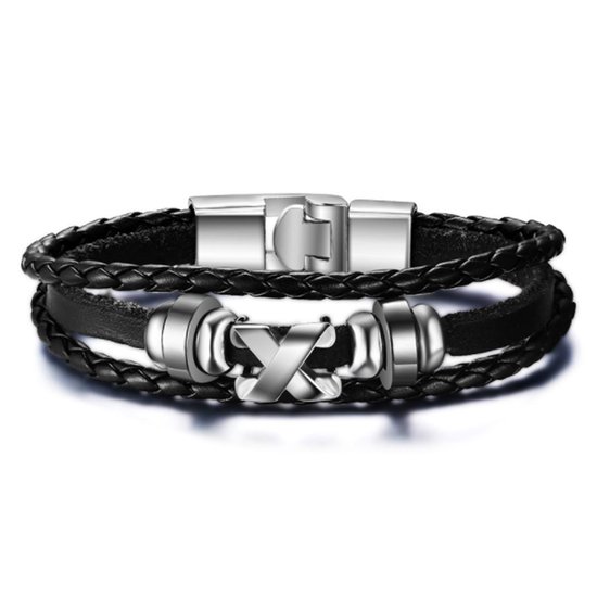 Foto: Victorious leren armband heren rvs roestvrijstaal sluiting zwart zilver 22cm