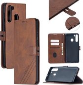 Voor Samsung Galaxy A21 US Versie Stiksels Stijl 2-Kleur Koe Textuur Horizontale Flip PU Lederen Case met Houder & Kaartsleuf & Lanyard (Bruin)
