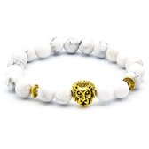 Victorious Natuurstenen Kralen Armband – Heren Armband – Dames Armband – Gouden Leeuw – Wit – 17cm