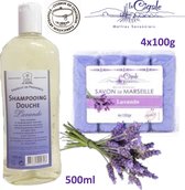 VOORDEEL pakket. Biologisch ecologisch. Lavendel shampoo-douche 500ml, glycerine lavendel zeep stukken 4x100g. Bio. persoonlijke hygiëne