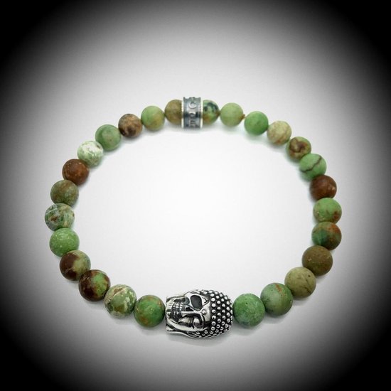 Natuursteen Armband met 925 Sterling Zilver Skull / Buddha / Boedha Bedel van 13 gram Zilver , Handgemaakte Edelsteen Armband met 8mm (Matte groene Opaal) kralen .