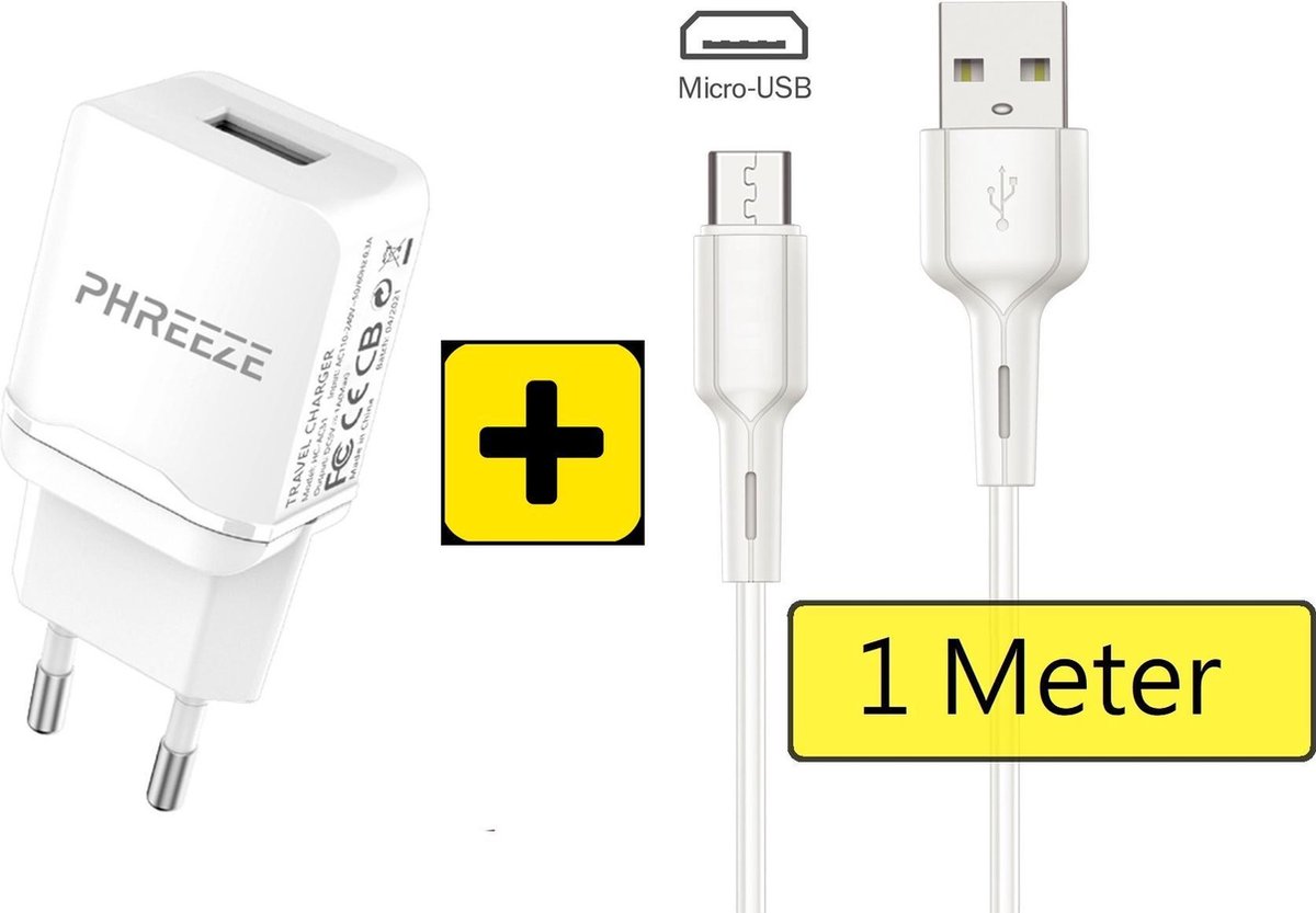 Usb Adapter + Micro usb Kabel - 1 Meter - 5V 1A Oplader usb - Galaxy J1 J2 J3 J4 J5 J6 J7 oplader