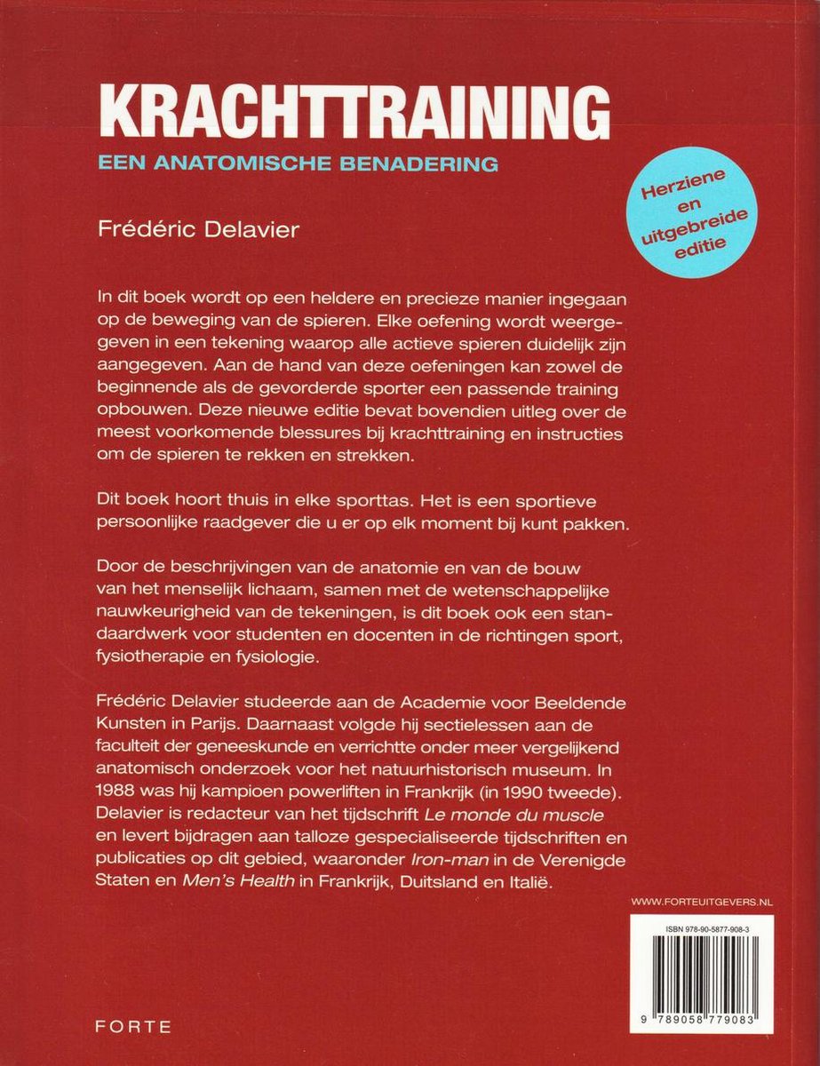 Achterkant van een boek over krachttraining, met een beschrijving van de inhoud en de auteur.