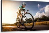 Canvas  - Mountainbiker op de Weg - 120x80cm Foto op Canvas Schilderij (Wanddecoratie op Canvas)