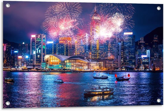 Tuinposter – Vuurwerk bij Skyline - 90x60cm Foto op Tuinposter  (wanddecoratie voor buiten en binnen)