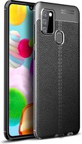 Samsung A21S Hoesje Shock Proof Siliconen Hoes Case | Back Cover TPU met Leren Textuur - Zwart