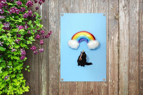 Affiche de jardin chat avec un ballon arc-en-ciel toile en vrac 60x90 cm - toile de jardin / toile d'extérieur / Peintures pour l'extérieur (décoration de jardin)