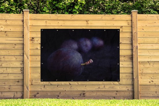 Mystérieuse photo de prunes violettes sur fond noir Affiche de jardin 180x120 cm - Toile de jardin / Toile d'extérieur / Peintures d'extérieur (décoration de jardin) XXL / Groot format!