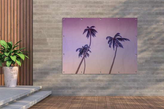 Décoration murale extérieur Silhouettes de palmiers sinueux colorés ciel - 160x120 cm - Toile jardin - Affiche extérieure