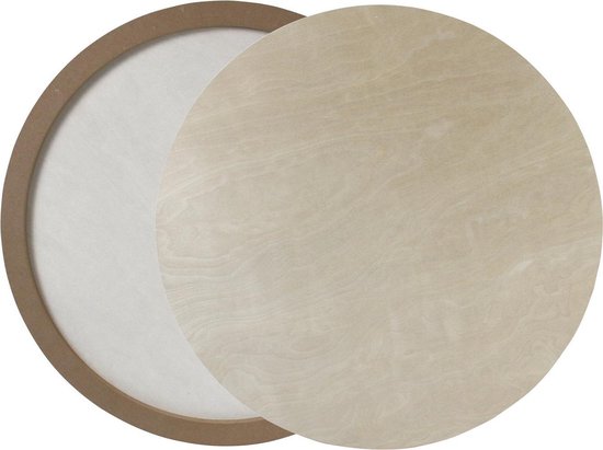 Rond schilderspaneel van hout met een bruine rand, deels bedekt door een ander paneel. Wit textuur op de achtergrond.