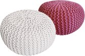 Pippa Design Poef - rond - gebreid - XL - wit en roze - set van 2