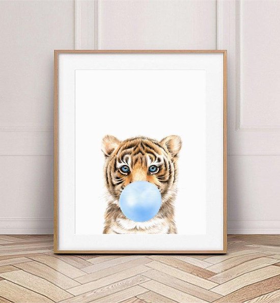 Poster Leeuw - Kinderkamer - Babykamer - Bubble gum Blauw 30x21cm - A4